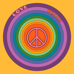 Icon, sticker in hippie style with a peace sign on a background of bright circles
