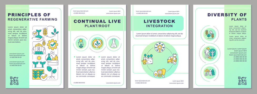 Principles of regenerative farming green gradient brochure template. Leaflet design with linear icons. Editable 4 vector layouts for presentation, annual reports. Arial, Myriad Pro-Regular fonts used