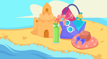 Sandcastle, drink, hat and bag on beach vector illustration. Cartoon drawing of castle out of sand, glass of juice, bag with blanket, fashionable headwear near water. Summer, vacation, holiday concept