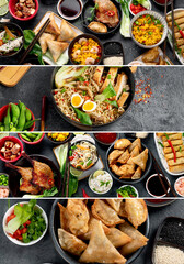 Collage made of assorted Chinese dishes and snacks.