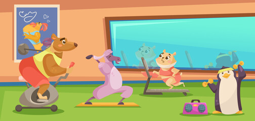 Cute comic animals doing exercises in gym vector illustration. Cartoon drawing of bear, llama, hamster and penguin characters exercising. Healthy lifestyle, fitness, sports, animals concept