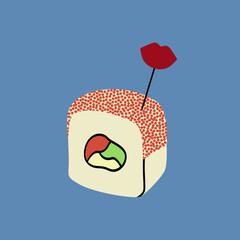 Cute illustration of rolls. Asian sushi cuisine on colored background