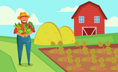 Happy farmer holding vegetables or harvest vector illustration. Cartoon drawing of man in countryside or on farm, standing next to garden, barn, and hay. Farming, agriculture, nature concept