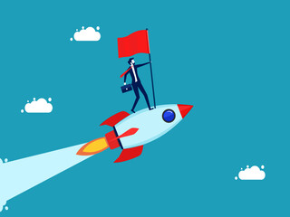 Successful businessman takes initiative holding a flag on a flying rocket. business concept vector