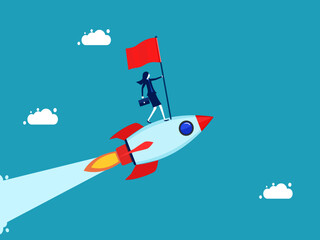 Successful businesswoman takes initiative holding a flag on a flying rocket. business concept vector