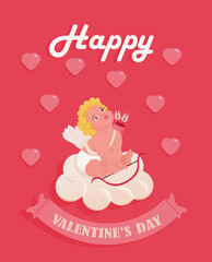 Happy Valentine's Day greeting card or banner design with cupid baby illustration and flying heart. Love angel.
