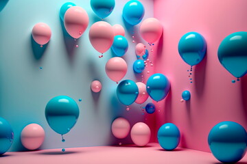 Blue balloons floating in pink pastel background room studio, blue pastel background room studio. minimal idea creative concept.