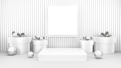 Obraz na płótnie Canvas Empty stage with podium and Christmas decorations. Minimal mockup xmas winter scene. Christmas trees and gift boxes on pure white greay background with copy space, front view. 3d render illustration.