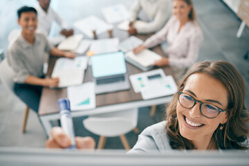 Writing, presentation and business woman in meeting for planning, idea and marketing strategy....