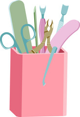 Manicure set of tools in pink holder pastel coloured flat style isolated on white background