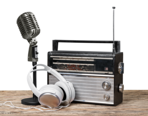 Old style retro radio with headphones and microphone
