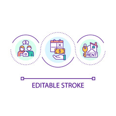Couple moving in together loop concept icon. Renting apartment abstract idea thin line illustration. Monthly payment. Real estate. Isolated outline drawing. Editable stroke. Arial font used