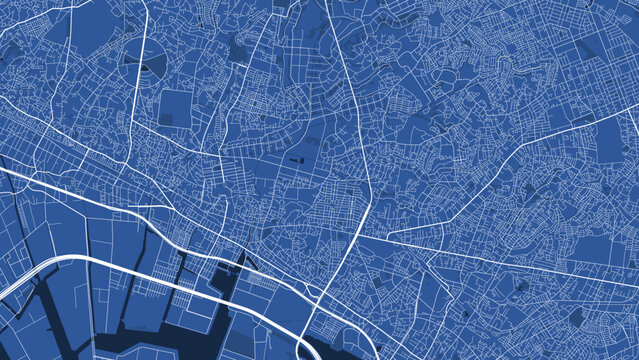Detailed map poster of Funabashi city, linear print map. Blue skyline urban panorama. Decorative graphic tourist map of Funabashi territory.