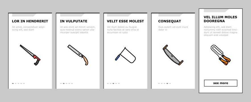 saw hand wood construction onboarding mobile vector. tool carpentry, handsaw blade, work manual, equipment sharp, metal carpenter, cut saw hand wood construction illustrations