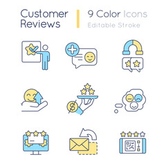 Collecting customer feedback RGB color icons set. Customer satisfaction. Online surveys. Isolated vector illustrations. Simple filled line drawings collection. Editable stroke. Quicksand-Light font