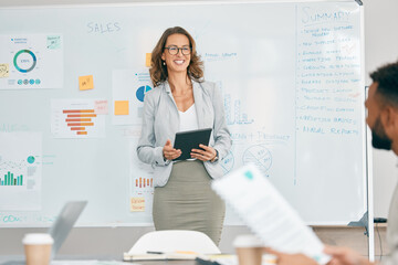 Business woman, tablet or whiteboard presentation for company finance analytics, investment growth...