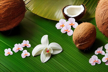 Obraz na płótnie Canvas Coconut shell with coconut milk on display, generative AI illustration