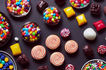 Fototapeta premium Colorful candy on a table, holiday, birthday celebration theme, generative AI