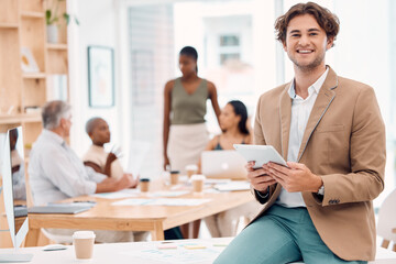 Businessman, tablet and leader portrait in web design meeting for creativity collaboration,...