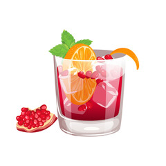 Pomegranate orange punch.Festive cocktail with pomegranate, orange, mint.Vector illustration.