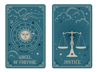Wheel of fortune and Justice tarot card illustration fortune telling occult mystic esoteric. Celestial Tarot Cards Basic witch tarot
