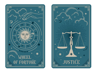 Wheel of fortune and Justice tarot card illustration fortune telling occult mystic esoteric. Celestial Tarot Cards Basic witch tarot - obrazy, fototapety, plakaty