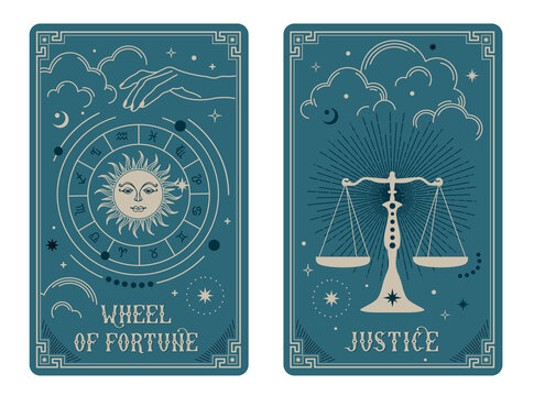 Wheel of fortune and Justice tarot card illustration fortune telling occult mystic esoteric. Celestial Tarot Cards Basic witch tarot