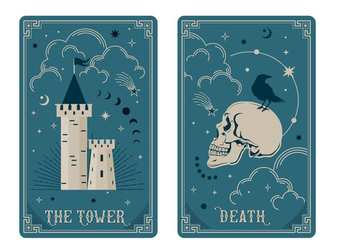 The tower and death tarot card illustration fortune telling occult mystic esoteric. Celestial Tarot Cards Basic witch tarot