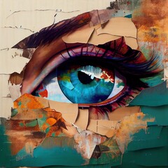 Intense eye contact collage, print art concept - generative ai