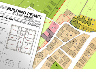 Imaginary General Urban Plan and Buildings Permit with indications of urban destinations - note: the map and the permit are totally invented and does not represent any real place