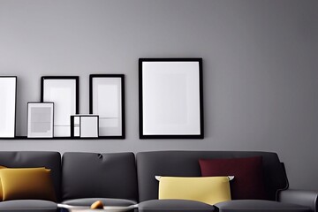 Grey modern living room with frame for mockup 3d render