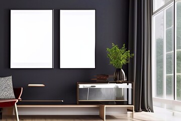 Black modern living room with frame for mockup 3d render
