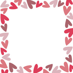 Square frame with pink and purple hearts on white background. Hand drawn doodle style