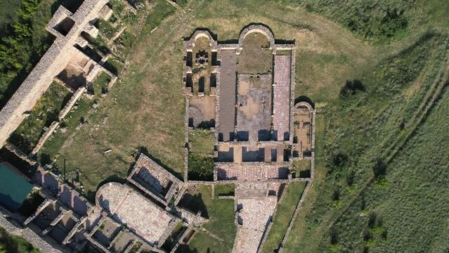 Aerial view of archaeological site, ruins of ancient town and church basilica, Bargala, Stip, Macedonia