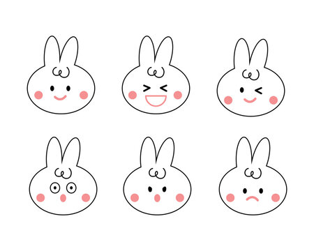 Set of facial expression rabbit cartoon. Icon, emoji and emoticon. 