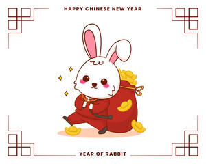 Happy Chinese new year greeting card 2023 with cute rabbit wearing traditional costume. Rabbit holding a bag of gold. Year of rabbit. 