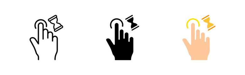 Touch press set icon. Index finger, decrease, increase, approximation, Scrolling, click, arrow, sensor, hourglass. Pressing concept. Vector icon in line, black and colorful style on white background