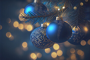 Dark Blue Christmas Tree  with defocused lights in abstract nighttime background