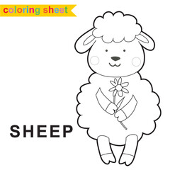 Cute farm animal coloring page. Cute and funny sheep holding flower cartoon character. Coloring worksheet for preschool children. Vector illustration. The kawaii sheep.