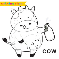 Cute farm animal coloring page. Cute and funny cow holding a bottle of milk cartoon character. Coloring worksheet for preschool children. Vector illustration. The kawaii cow.
