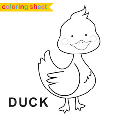 Cute farm animal coloring page. Cute and funny smiling duck cartoon character. Coloring worksheet for preschool children. Vector illustration. The kawaii duck.