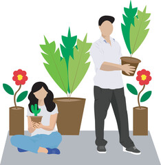 Young men and women taking care of  plant and trees illustration