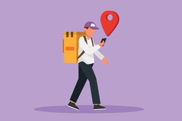 Graphic flat design drawing of young male courier walking while looking smartphone and there is gps pin coming out of smartphone. Online delivery service technology. Cartoon style vector illustration