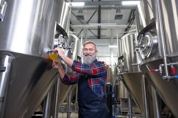 Brewery owner pouring some beer from the tanks