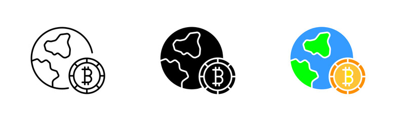 Bitcoin set icon. Analytics, currency, cryptocurrency, money bag, cloud storage, website, trading, blockchain, online. Financial management concept. Vector icon in line, black and colorful style