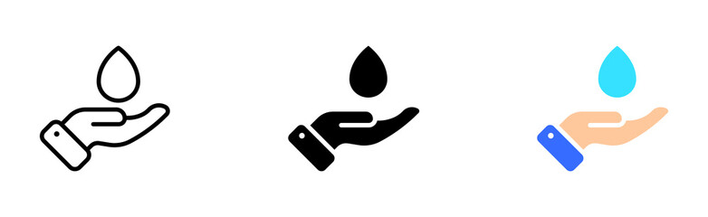 Hand holding water drop line icon. Ecology, clean, drink, beverage, hydration, water balance, liquid, world ocean, care for environment. Nature concept. Vector icon in line, black and colorful style