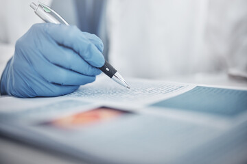 Scientist, hands or laboratory documents writing in medical research analytics, cancer life...