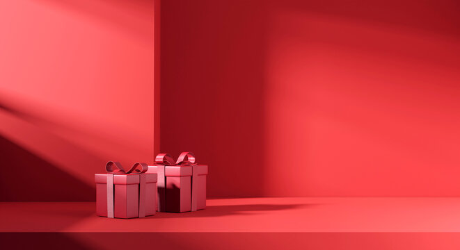 Minimal red background Christmas with christmas gifts. Room in the 3d. For backdrop, Space for product and text. 3d render.