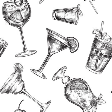 Vector seamless pattern with hand drawn cocktails in sketch style
