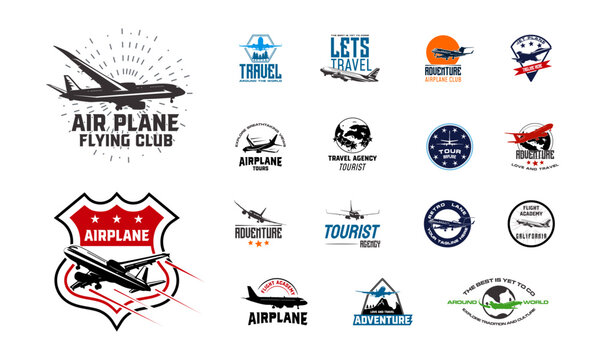 Set of Airplane logo Designs Badge, flying club Logo template, airlines icon